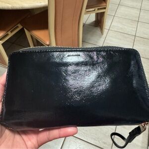 AllSaints Black Patent Zip Wallet with Gold Hardware